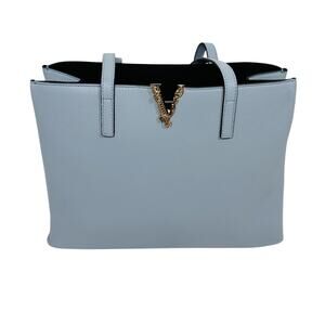 Versace Virtus V Tote Shoulder Bag Grained Calfskin Leather Light Blue NWT $2200